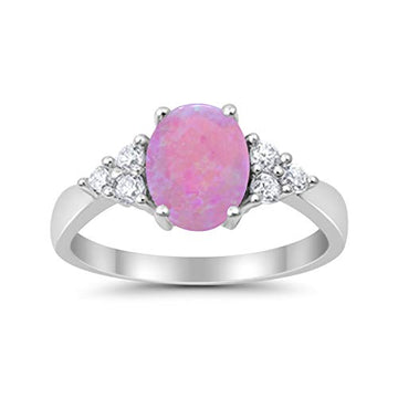 Accent Wedding Ring Oval Lab Created Pink Opal 925 Sterling Silver